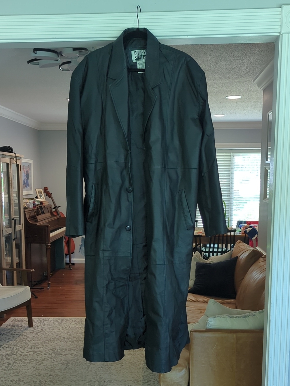 City Streets XLT Black 100% Genuine Leather Long Trench Coat